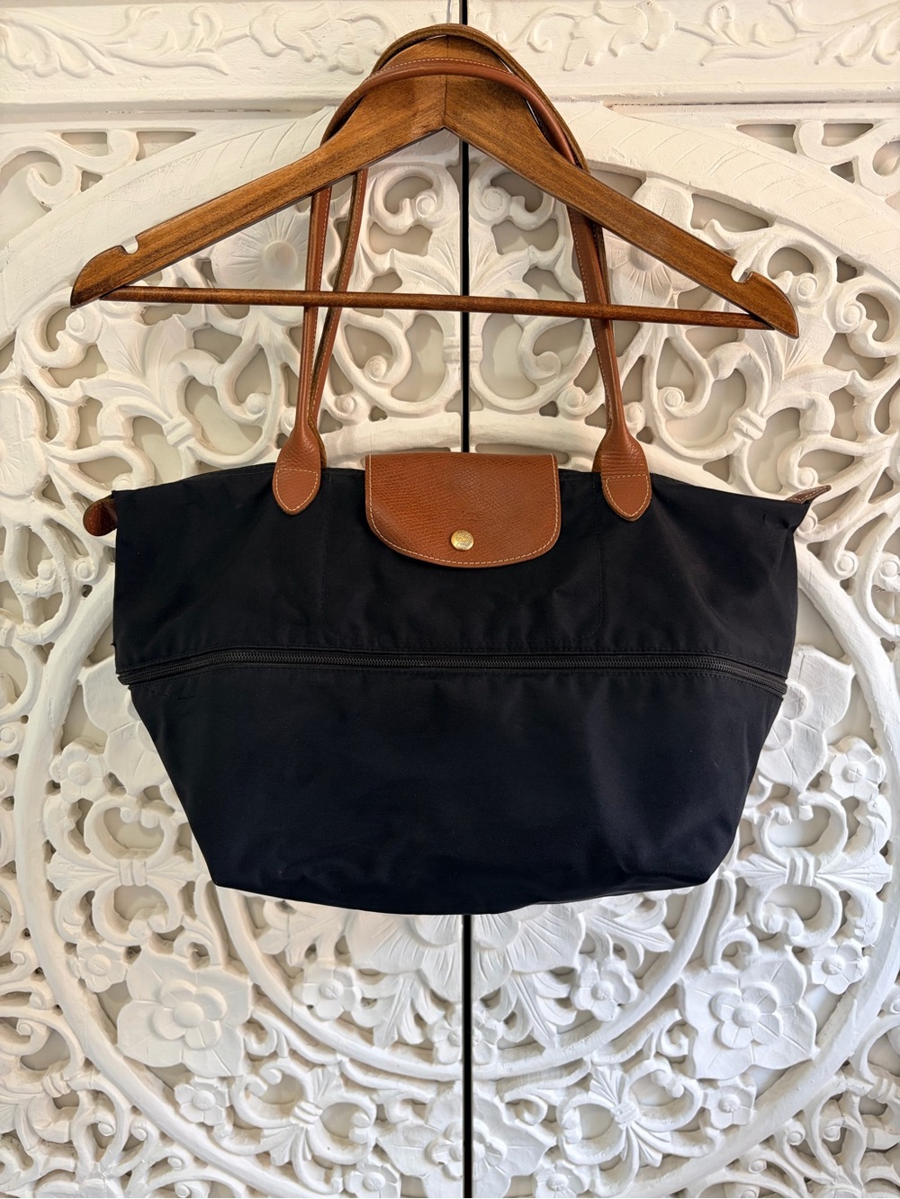 Longchamp Le Pliage Expandable Travel Tote Black Brown Leather